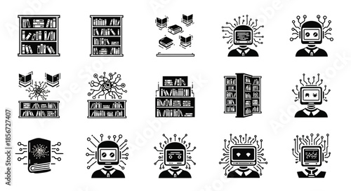 Knowledge and artificial intelligence fusion with bookshelves and robotic figures representing innovation, learning, and future technology
