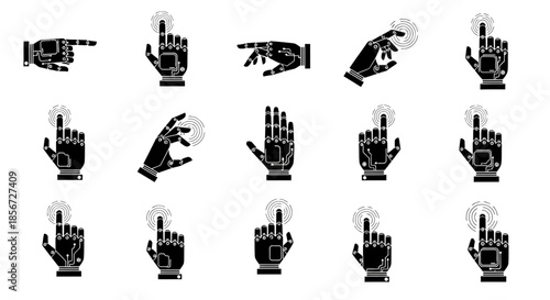 Robotic hands interacting with digital interfaces, showcasing futuristic technology, touch, and artificial intelligence for modern innovation and development