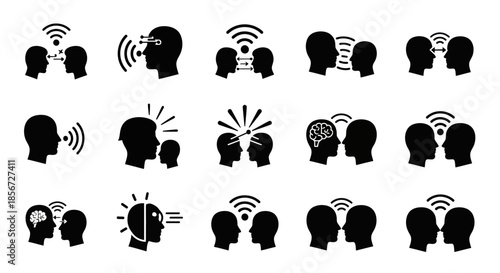 Conceptual communication icons showing ideas, thoughts, connection, and networking. Modern illustrations for business, technology, and social concepts.