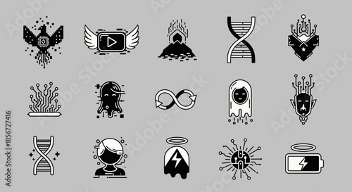 Stunning abstract technology icons representing various concepts like DNA, energy, video, and more for modern branding and creative projects
