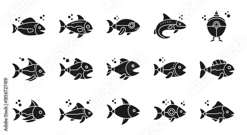 Unique black fish silhouettes swimming with bubbles, perfect for aquatic designs, marine life projects, and creative illustrations that captivate