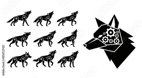 Dynamic black wolf silhouettes howling and mechanical wolf head design for logos, branding, and creative projects, perfect for edgy, modern concepts.