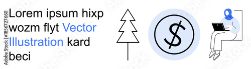Finance, remote work, sustainability, economic planning, communication, environmental awareness. Dollar sign, tree person with laptop. Finance and remote work concepts visually