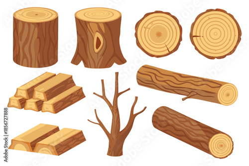 Cartoon wood objects vector set featuring a plank, slices, firewood, blocks, log, branches, and stumps in a flat illustration style