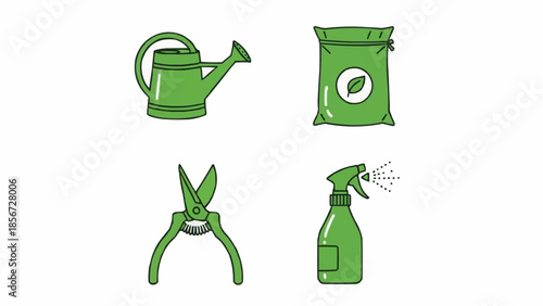 Gardening tools including watering can, fertilizer bag, pruning shears, and spray bottle on a white background