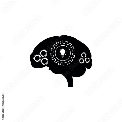 Black and white brain silhouette with gears and cogs symbolizing thinking, intelligence, and creative engineering concept