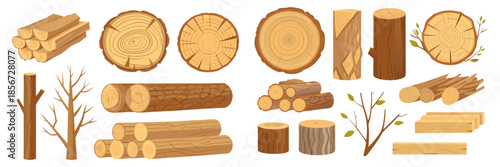 Flat vector wood illustration set with logs, tree stumps, planks, branches with leaves, wood slices