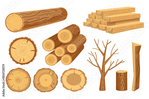 Game asset style wood materials logs, wooden boards, tree slices, branches, flat vector design.