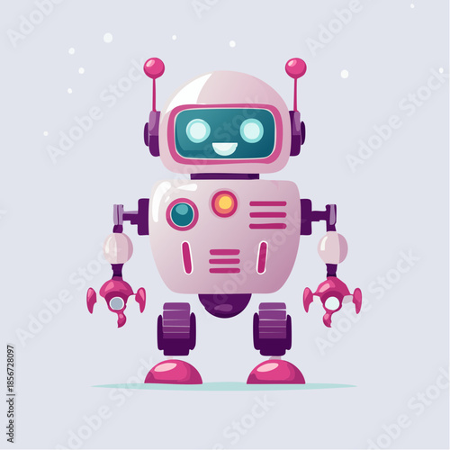 Cartoon robot with pink and white color scheme, smiling with a friendly expression.