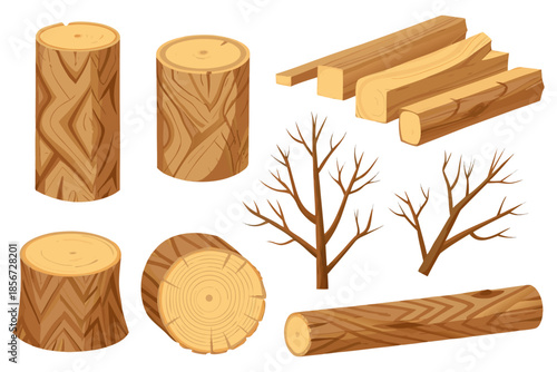 Wood resources clipart collection including branches, tree trunks, planks, and stumps, warm brown tones.