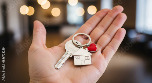 Wallpaper Mural Hand Holding House Keys With Red Heart Keychain In Blurred Interior Torontodigital.ca