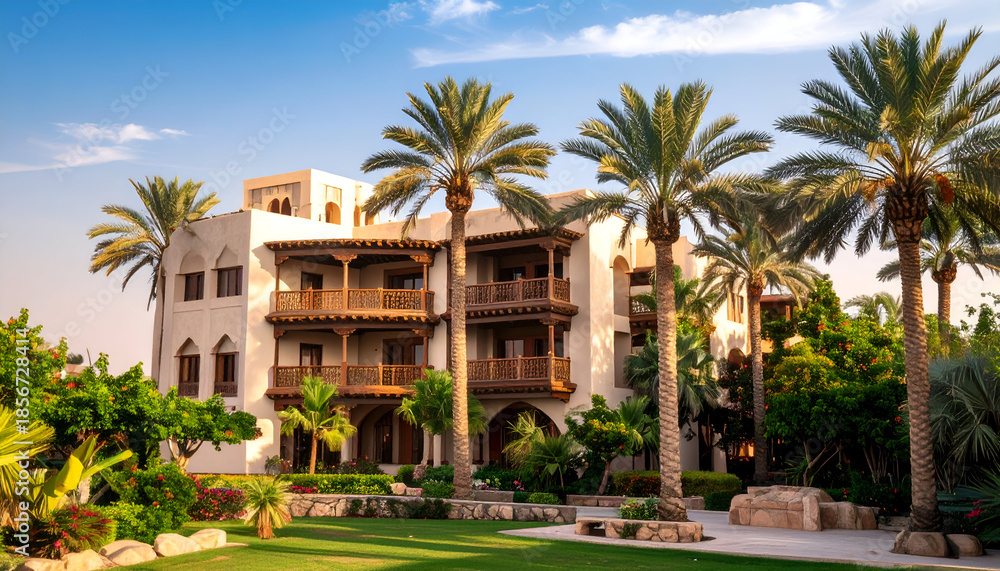 Fototapeta premium Luxurious Middle Eastern-style resort with palm trees and lush gardens under a clear sky.
