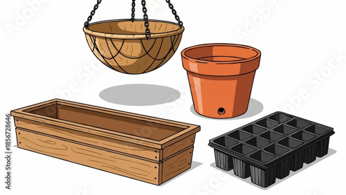 Various planters and pots displayed against a white background, showcasing different gardening containers.
