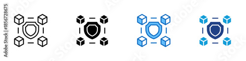 Blockchain Protection Multiple Style Icon Design Vector - shield surrounded by connected blocks, representing decentralized security, data integrity, and network trust