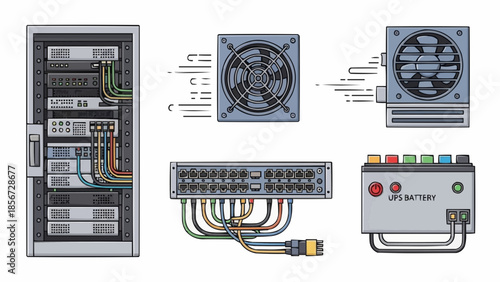 Detailed illustration of computer server components including fans and battery backup system