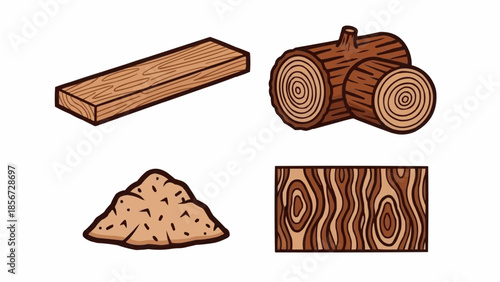 Illustration of wooden elements including logs, timber, and wood texture on a white background from a direct viewpoint
