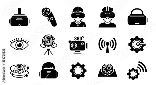 Explore virtual reality with modern VR headset, controller, and tech icons, perfect for gaming, education, and immersive experiences, originally a scalable vector graphic