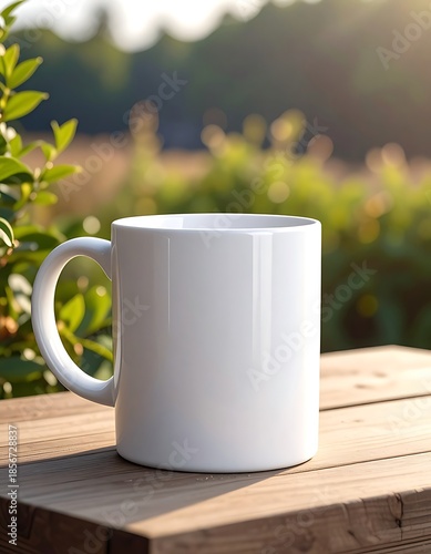 Plain white mug sits on a wood table outdoors in warm light, surrounded by leafy greens and a sun-drenched field
