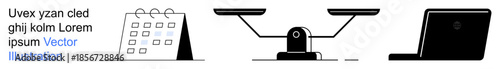 Productivity, time management, work-life balance, justice, weighing options, digital tools. a calendar, scales of justice and a laptop. Productivity and time management concepts