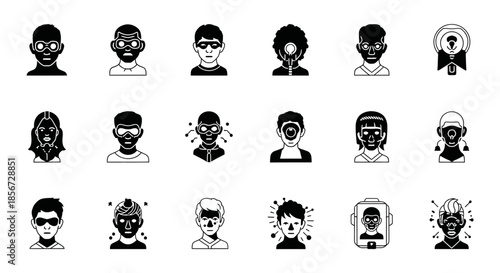 Diverse avatars depicting digital identities and futuristic interfaces, showcasing modern tech and online presence in a vector style for creative projects