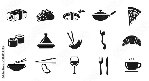 Culinary icons showcase global cuisine, from sushi and tacos to pizza and croissants, appealing for restaurant branding, menu design, and food blogs with vector precision