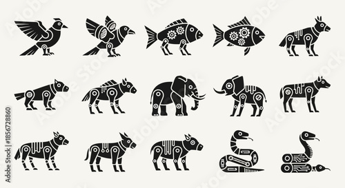 Mechanical animal collection featuring birds, fish, elephants, and snakes in a bold, modern style perfect for branding or design projects, originally vector graphics