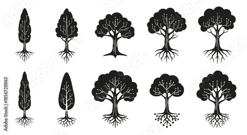 Innovative tech tree concepts for sustainable digital growth, representing technology, nature, and progress with abstract circuit board designs, vector art