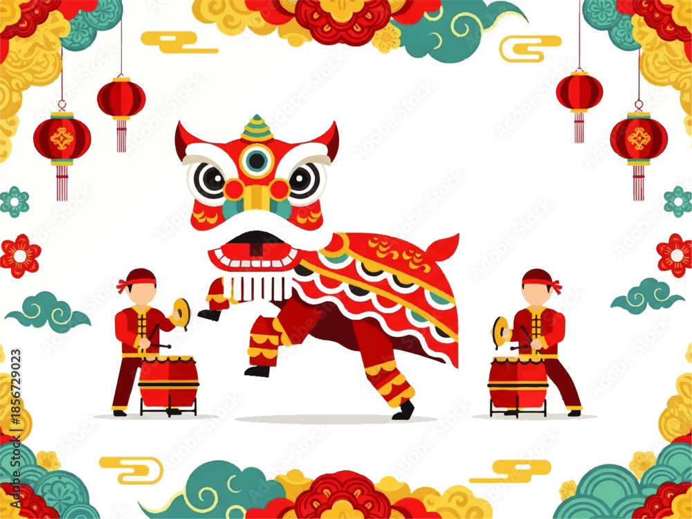 Fototapeta premium Flat design illustration vector of a vibrant lion dance performance with two drummers, surrounded by colorful lanterns and decorations on a white background.