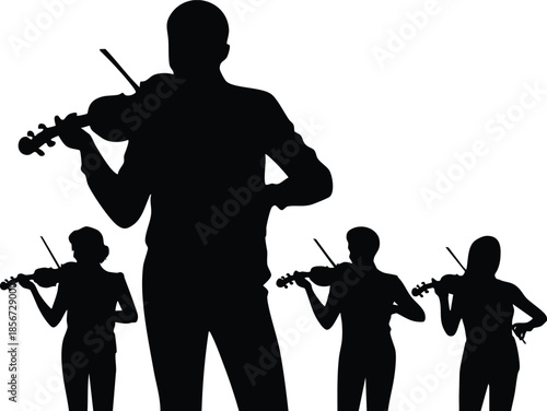 Strings Ensemble Performance, Violin Players Silhouette, Classical Music Group Composition, silhouette, illustration, vector