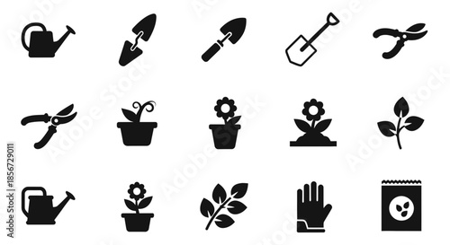 Essential gardening tools and supplies for a flourishing garden featuring watering can, shovel, pruners, seeds and gloves, originally a scalable vector graphic