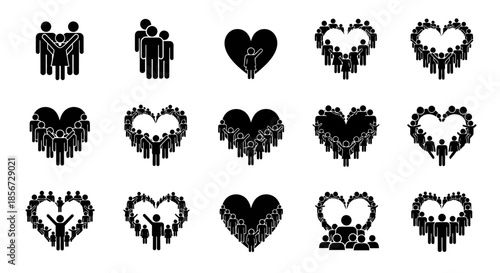 Diverse community coming together in unity and love, represented by stick figures, perfect for social causes and team building with this original scalable graphic
