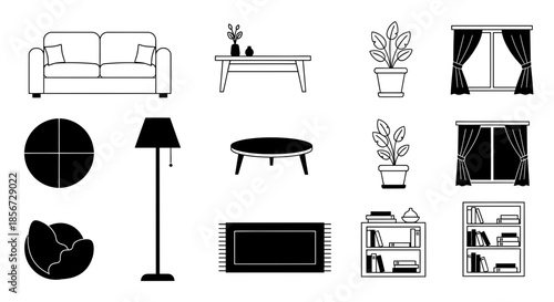 Elegant living room furniture set, a modern collection of a sofa, tables, plants, windows, and bookshelves for sophisticated interior designs