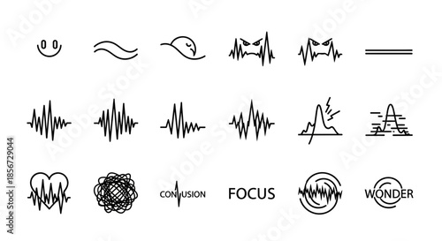Versatile emotional line art icons representing feelings and states of mind like happy, calm, angry, confused, focused and wonder, originally vector graphics