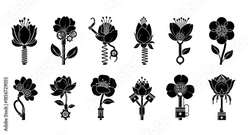 Steampunk floral set for unique designs, a collection of intricate mechanical flowers ideal for edgy art projects and creative endeavors in vector format