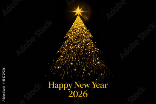Happy New Year 2026 Golden Glitter Christmas Tree on Black Background