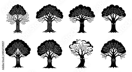 Innovative technology trees showcase digital transformation and growth, embodying modern connectivity and data flow for a futuristic, eco-conscious society