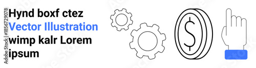 Financial technology, digital payments, automation, e-commerce, productivity, operational systems. Minimalist design with a dollar coin, gears and a hand pointing icon. Financial technology