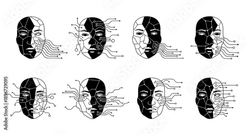 Modern AI faces connected with digital circuits, representing future technology and human-machine interface, originally a scalable vector for versatile use