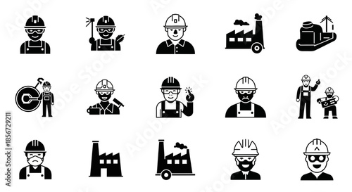 Construction workers and industrial symbols come to life in this eye-catching vector art, perfect for industry, safety, and labor themes