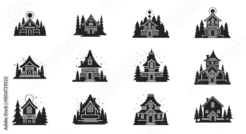 Whimsical cabin collection evoking cozy charm, perfect for branding, storybooks, or holiday designs, rendered in vector style for scalable versatility.