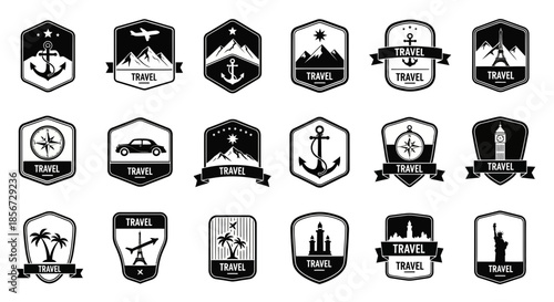 Explore the World Collection of Travel Destination Icons in Black and White, Evoking Wanderlust and Adventure for Your Next Journey, originally vector graphics