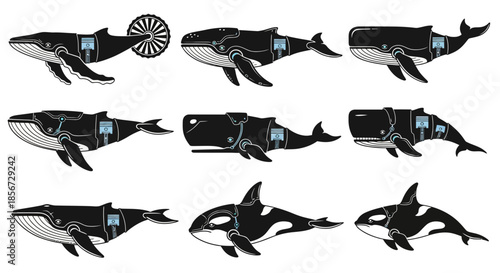 Striking mechanical whale collection for innovative designs, futuristic ocean concepts, and creative marine engineering projects, perfect for modern themes