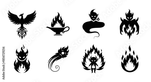 Mystical vector symbols evoke fantasy tales with magical genies, fiery phoenixes, and elemental spirits perfect for enchanting designs and creative projects