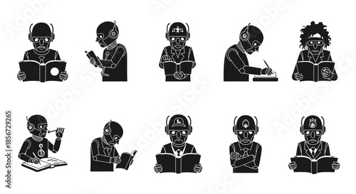 Futuristic robot students learning and studying together diligently, engaging with books and writing, perfect for educational resources and technology themes