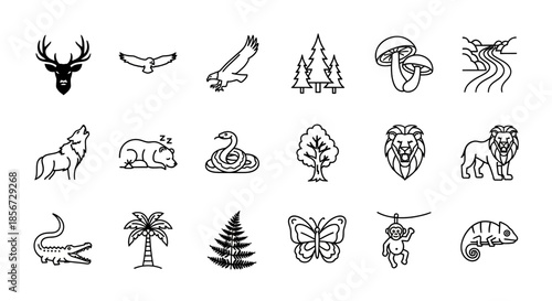 Explore nature's wonders with this vector set of animals, plants and landscapes, perfect for nature lovers and eco-conscious designs, scalable for any project