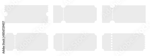 set of white paper sheets, White ticket and coupon vector collection PNG. Isolated blank paper forms for events, movies, theater, flights, or vouchers. Minimalist mockups with perforated edges