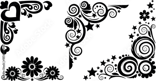 Decorative floral and swirl corner design elements with hearts stars and flowers vector illustration