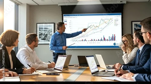 Businessman presenting financial data and charts to colleagues in a modern office meeting room.