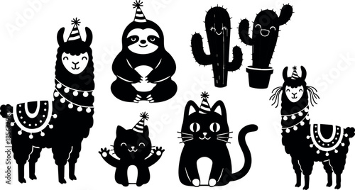 Cute black and white party animals with hats including llama sloth cactus cat and alpaca in vector style illustration