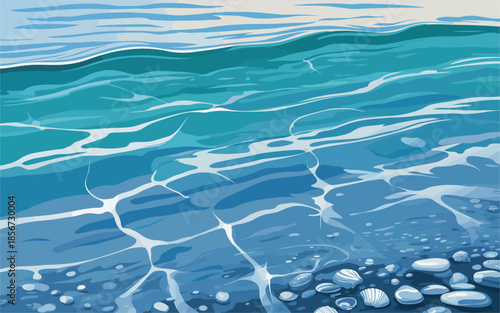 Highly detailed vector illustration of shallow turquoise sea water with sunbeam caustics, ripple shadows, sandy bottom, shells, and serene coastal mood.